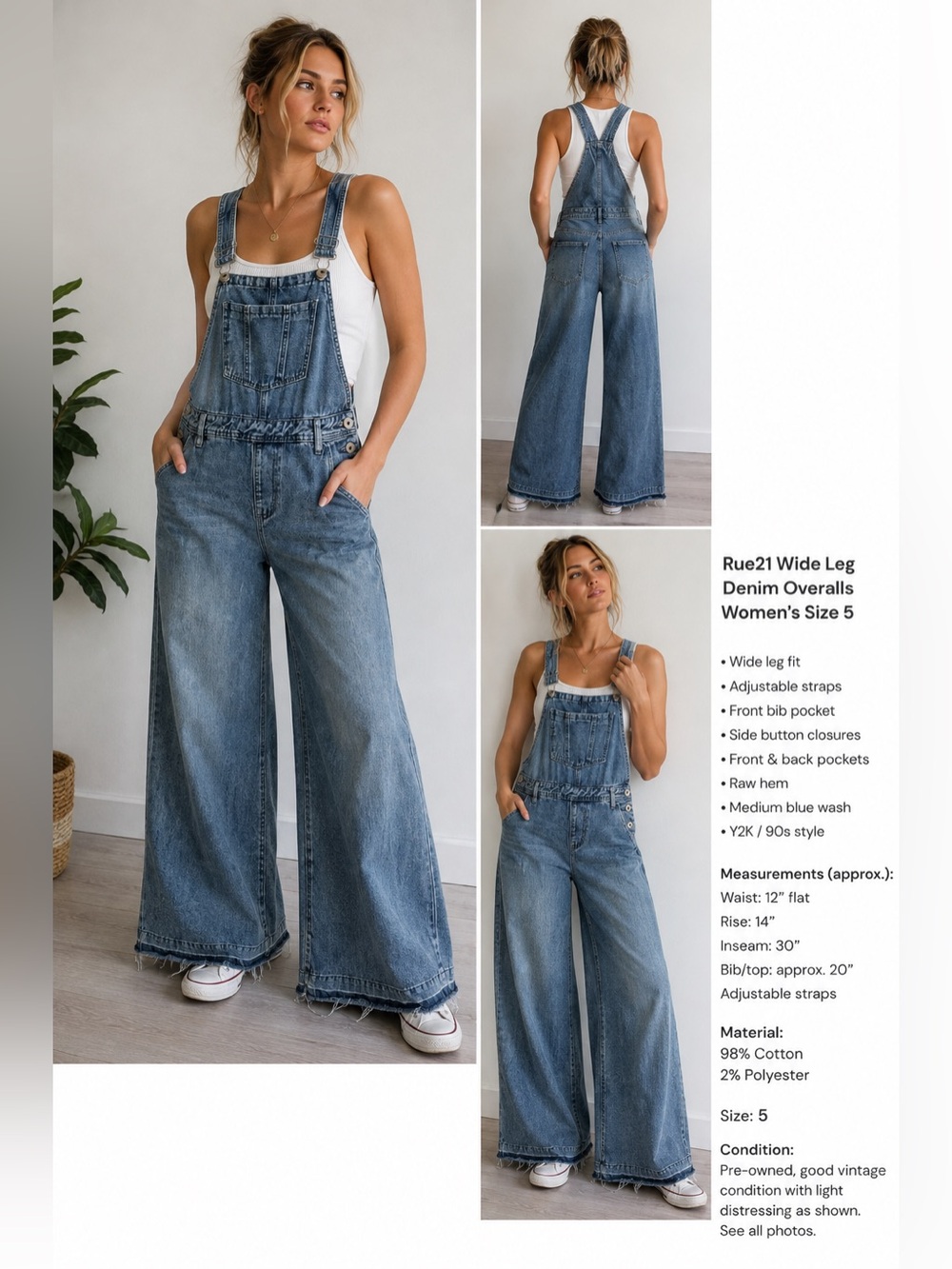 Rue21 Wide Leg Denim Overalls Women’s Size 5/S Distressed Raw Hem Y2K